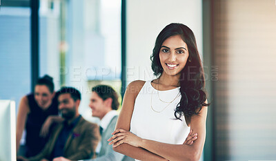 Buy stock photo Business woman, portrait and confident in office for work, company and job with smile. Indian employee, happy and crossed arms in corporate workplace for empowerment, pride and success or career
