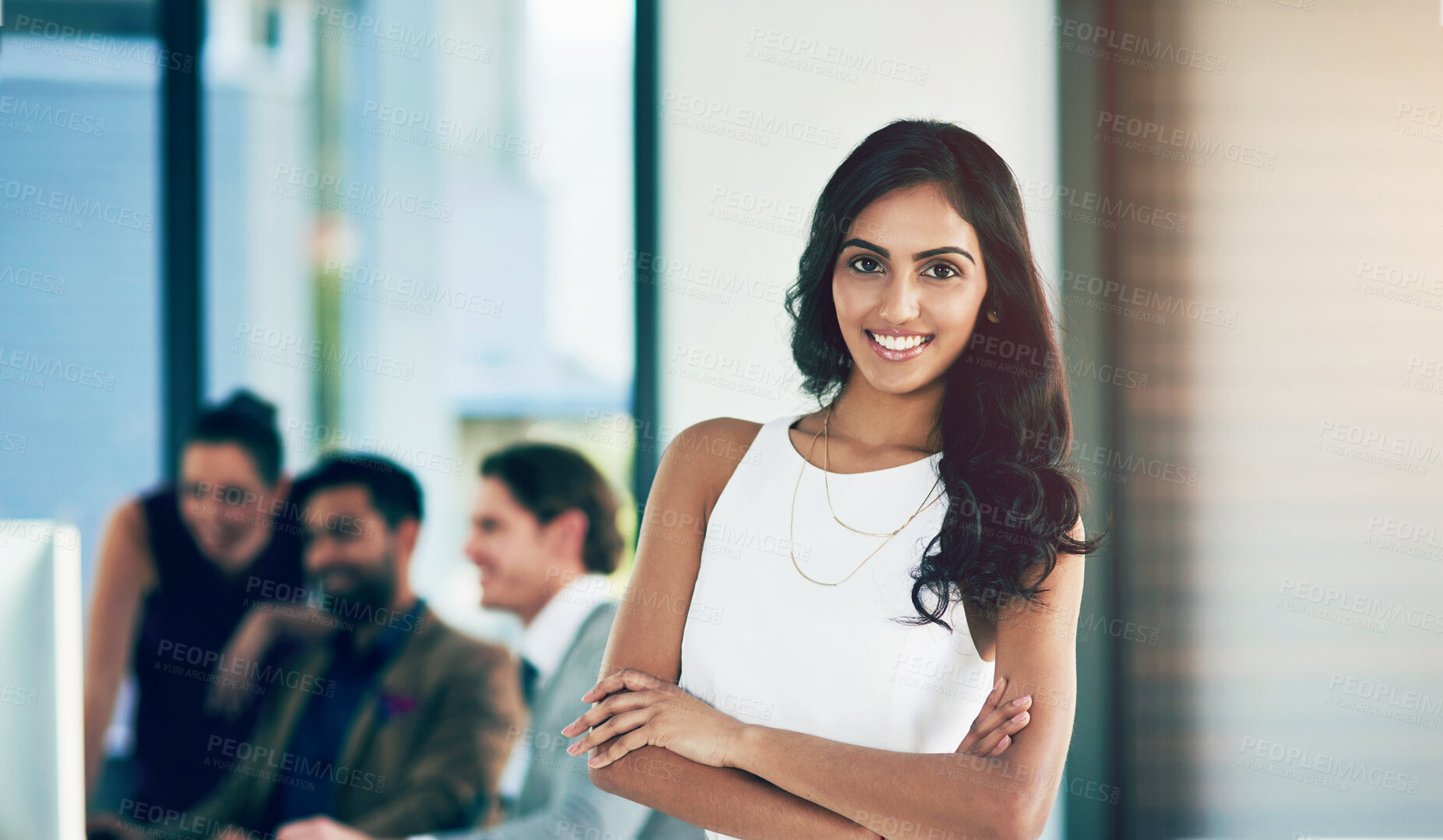 Buy stock photo Business woman, portrait and confident in office for work, company and job with smile. Indian employee, happy and crossed arms in corporate workplace for empowerment, pride and success or career