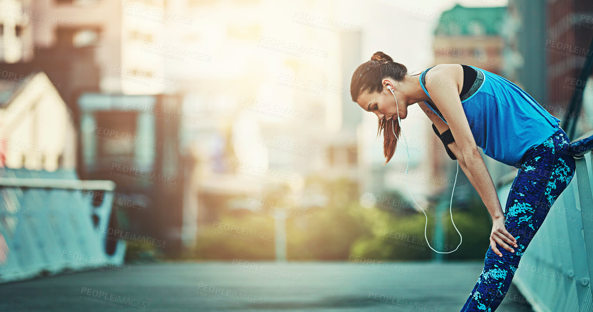 Buy stock photo Run, fitness and woman in city, tired and exhausted with challenge, endurance and urban town. Person, runner and athlete with fatigue, exhausted and low energy with progress, breathing and wellness