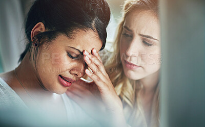 Buy stock photo Depression, crying and business people by computer in office with comfort for training, pressure or deadline fail. Stress, anxiety or manager with support for sad intern for job, dismissal or mistake