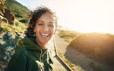 Buy stock photo Portrait, morning and walk with woman, smile and fitness with sunshine, workout and nature. Face, person and runner with healthy routine, lens flare and vacation with exercise, warm up and training