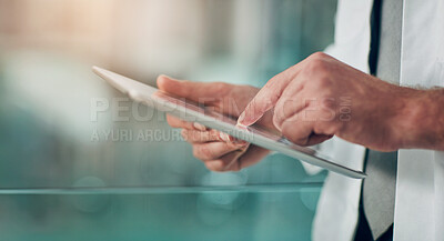 Buy stock photo Man, hands and doctor with tablet for medical research, healthcare or new discovery at hospital. Closeup of male person or surgeon working on technology for online browsing or search for medicine