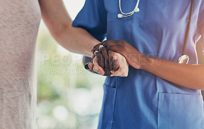 Buy stock photo Holding hands, doctor and patient with healthcare, wellness and comfort with support, grief and loss. Empathy, closeup or medical with professional, woman and sympathy with trust, nurse or consulting