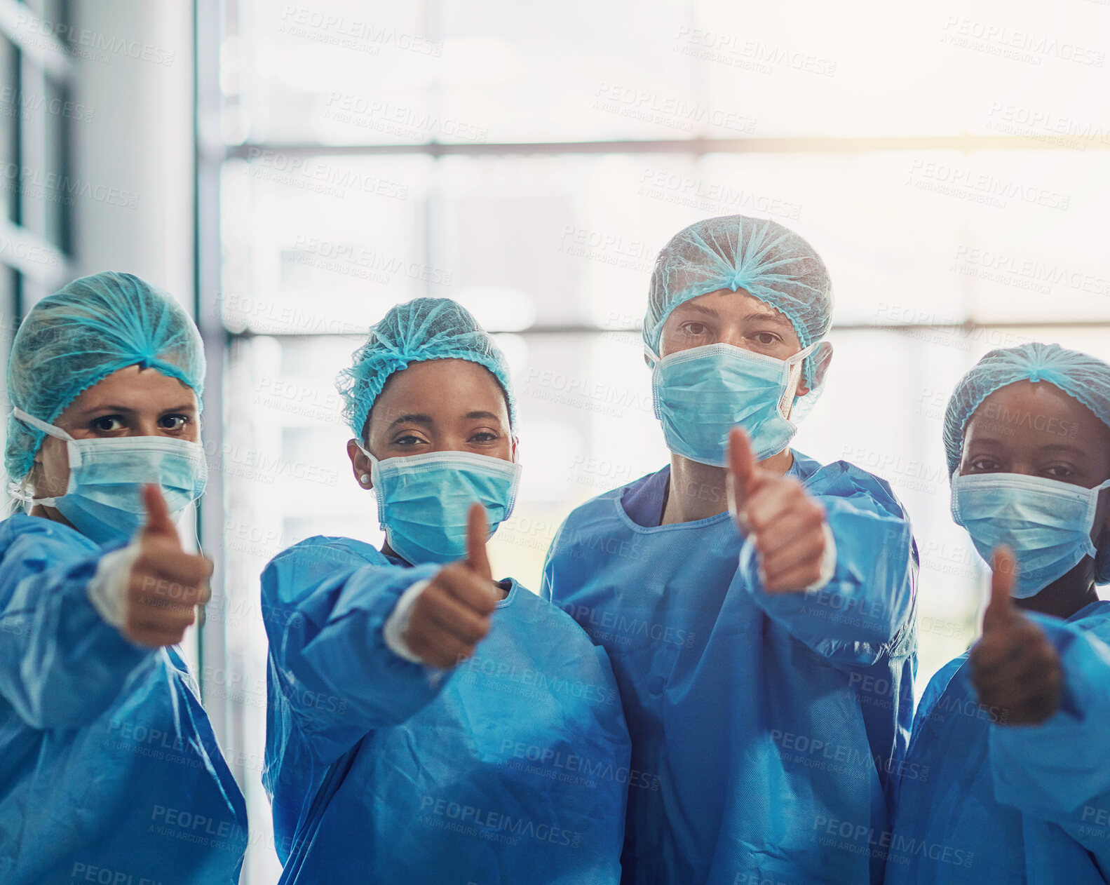 Buy stock photo People, mask or portrait of surgeons with thumbs up for healthcare, medical consulting or success. Teamwork, nurses and doctors showing good hand gesture for health insurance in hospital or support