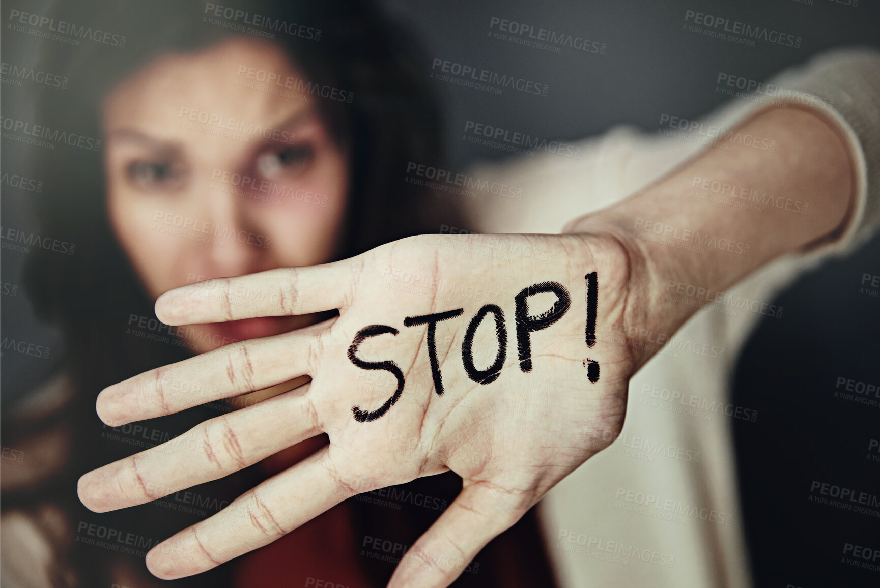Buy stock photo Portrait, woman and hand with stop, abuse and protection with fear, scared and crime with violence. Face, person and girl with gesture, reject and warning with emotions, defense and sad with crying