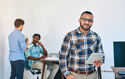 Buy stock photo Creative, office and portrait of man with tablet, confidence or happy entrepreneur at tech startup. Design, development and professional consultant with smile on face, digital app and coworking space