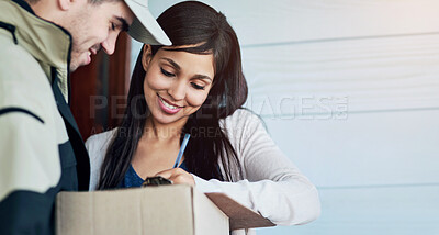 Buy stock photo Delivery, box and woman with signature, man and courier with shipping, customer and documents. Employee, client and industry with paperwork, cardboard and package with logistics, ecommerce and home