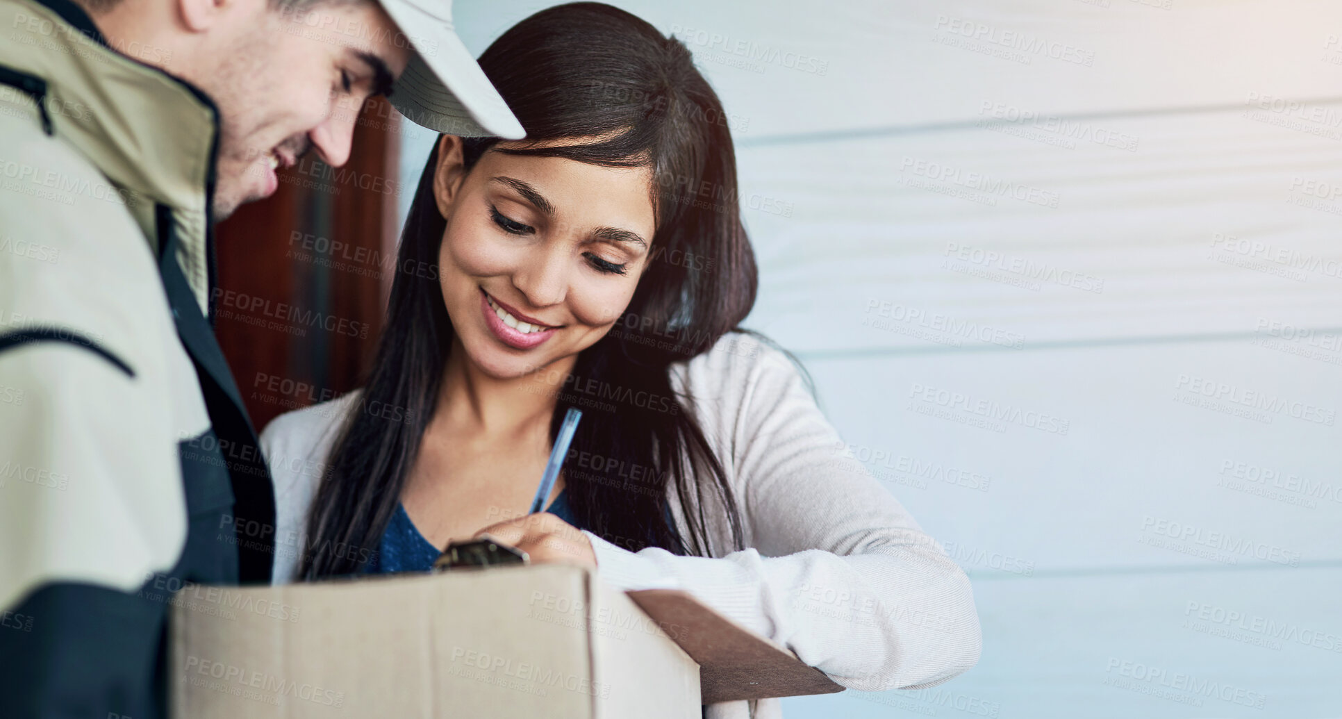 Buy stock photo Delivery, box and woman with signature, man and courier with shipping, customer and documents. Employee, client and industry with paperwork, cardboard and package with logistics, ecommerce and home