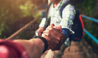 Buy stock photo People, pov and holding hands for mountain hike or friends support for exercise challenge, trekking or fitness. Athlete, stairs and together in nature forest for cardio adventure, tourism or travel