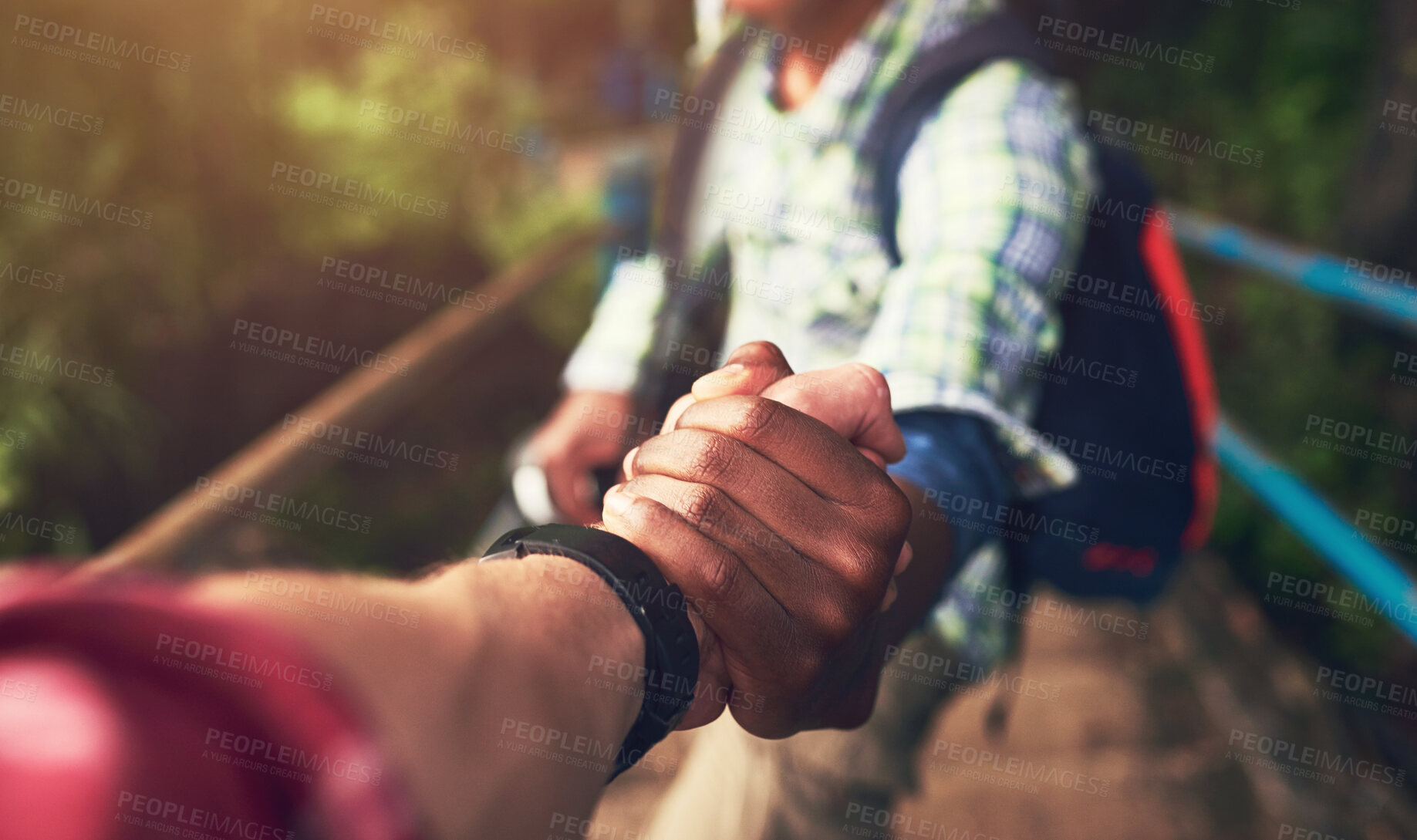 Buy stock photo People, pov and holding hands for mountain hike or friends support for exercise challenge, trekking or fitness. Athlete, stairs and together in nature forest for cardio adventure, tourism or travel