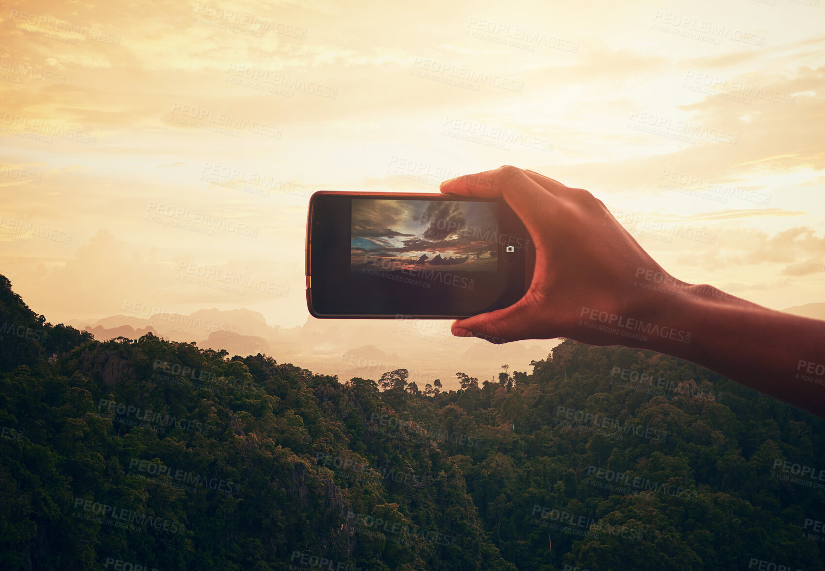 Buy stock photo Sunset, nature and hand with phone for picture on vacation, adventure or weekend trip in Brazil. Evening, mobile and person with cellphone for photography of outdoor dawn sky on holiday for travel.