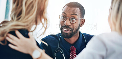 Buy stock photo Support, couple and doctor with consultation for healthcare with diagnosis, treatment planning and advice. Medical professional, partners and consultant with patient for medicare, wellness and help