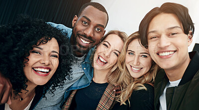 Buy stock photo Happy people, portrait and diversity with selfie for picture, photography or memory together at office. Creative group of friendly employees with smile in team building moment or startup at workplace