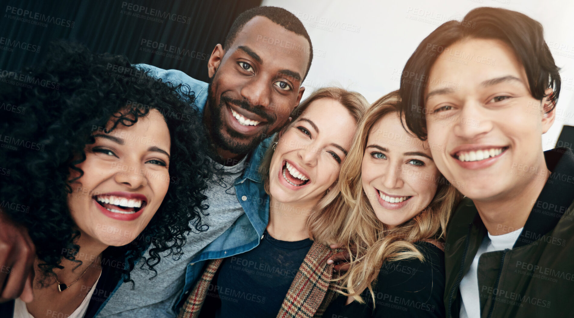 Buy stock photo Happy people, portrait and diversity with selfie for picture, photography or memory together at office. Creative group of friendly employees with smile in team building moment or startup at workplace