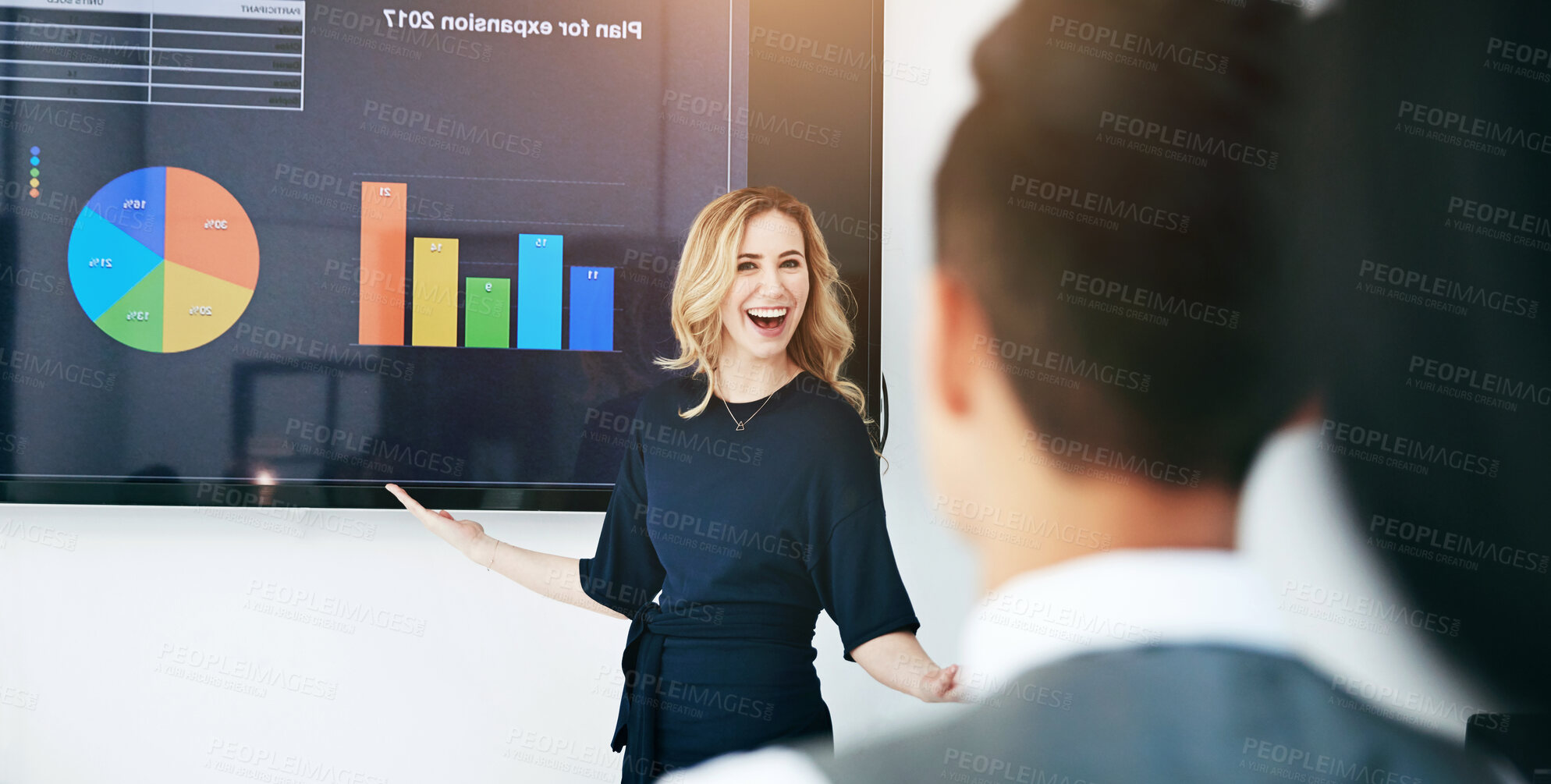 Buy stock photo Happy woman, coach and chart with screen for presentation, meeting or corporate statistics at seminar. Excited person or business speaker talking to employees on company revenue, growth or profit