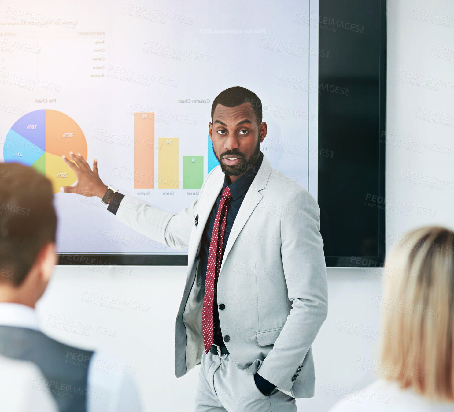 Buy stock photo Businessman, coaching and chart with screen for presentation, meeting or corporate statistics at seminar. Black man, manager or speaker talking to employees on company revenue, growth or profit