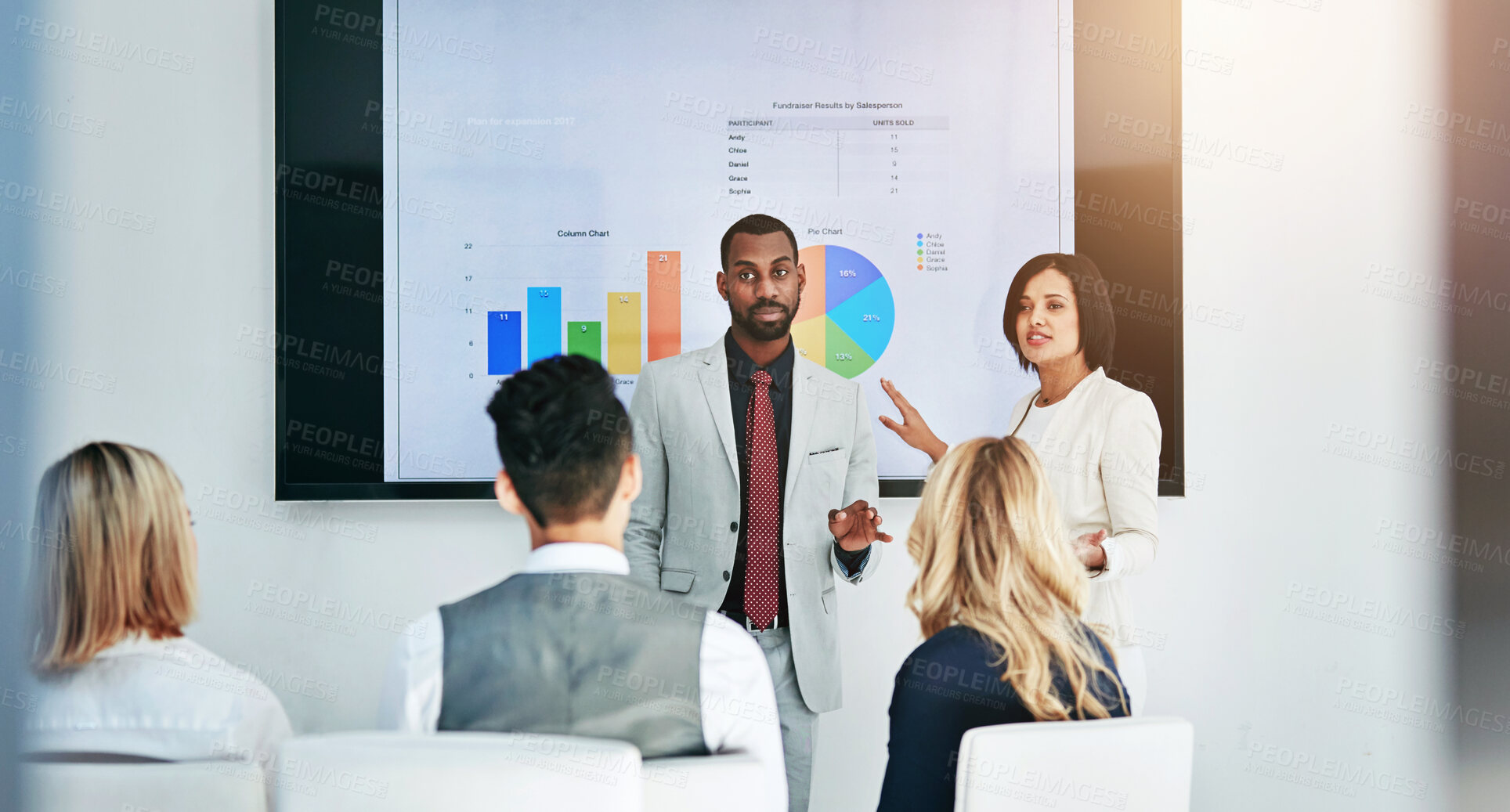 Buy stock photo Business people, coaching and chart with screen in presentation, meeting or corporate statistics at seminar. Businessman, manager and speaker talking to employees on company revenue, growth or profit