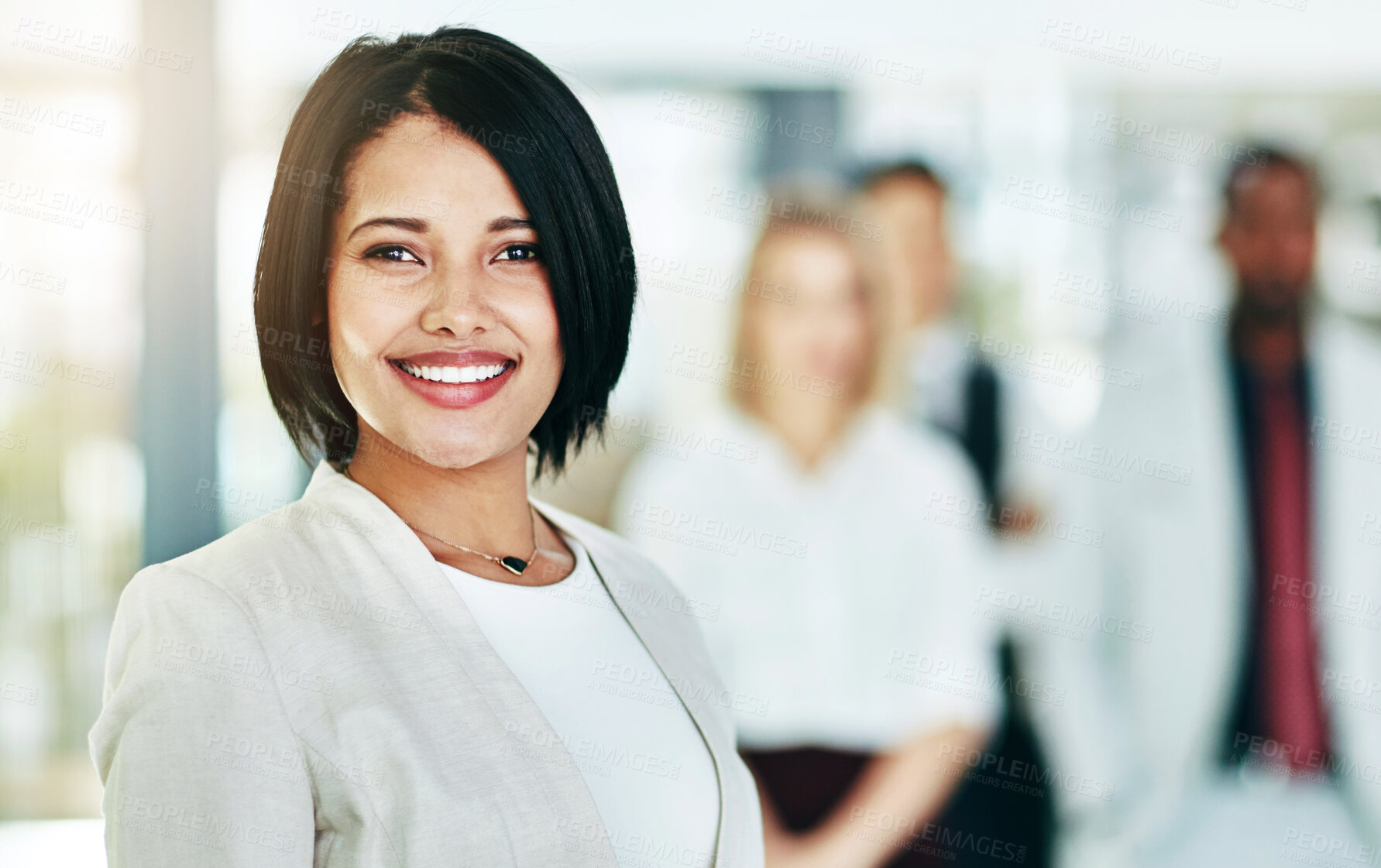 Buy stock photo Businesswoman, portrait and team leadership in office or employee confidence, collaboration or start up. Female person, face and coworkers for company about us at broker agency, goals or professional