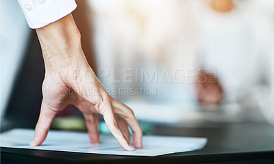 Buy stock photo Business person, hand and paper with policy in meeting for legal document, contract or procedure at office. Closeup of employee or advisor with paperwork for insurance, finance or budget at workplace