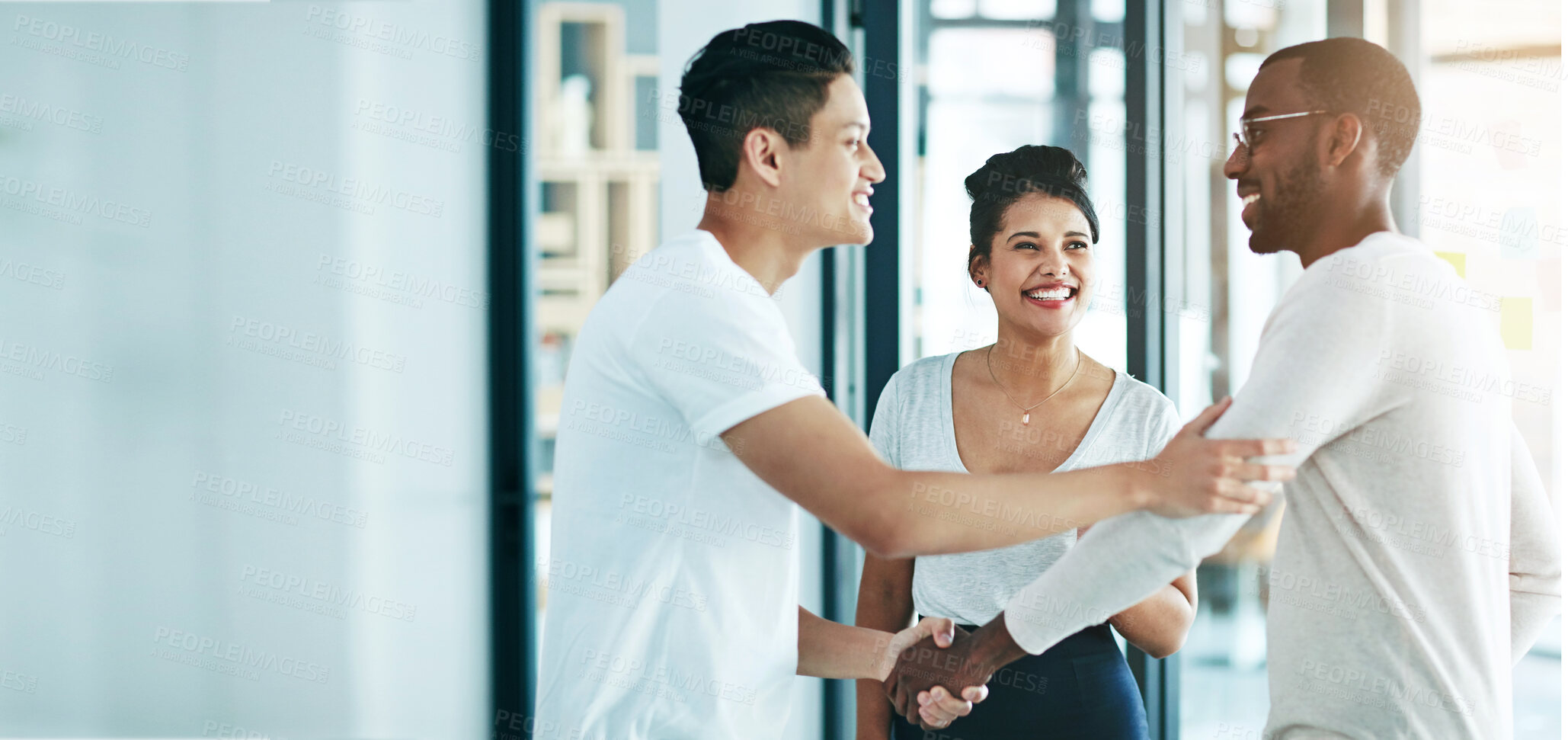 Buy stock photo Business people, teamwork and handshake with agreement, promotion and b2b deal in modern office. Staff, group and employees shaking hands, cooperation and thank you with collaboration or conversation