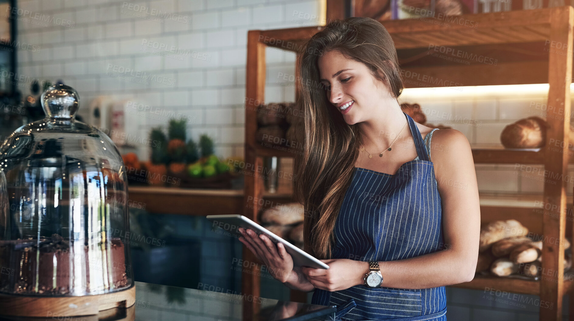 Buy stock photo Business owner, bakery and woman with tablet, smile and internet with digital app, update payment system and ecommerce. Person, employee and entrepreneur with tech, startup and connection in cafe