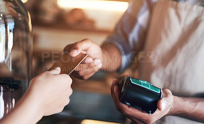 Buy stock photo Hands, pos and credit card to buy at cafe, ecommerce and transaction on electronic machine. Coffee shop, digital scanner and person for tap purchase, internet currency and online service for b2c