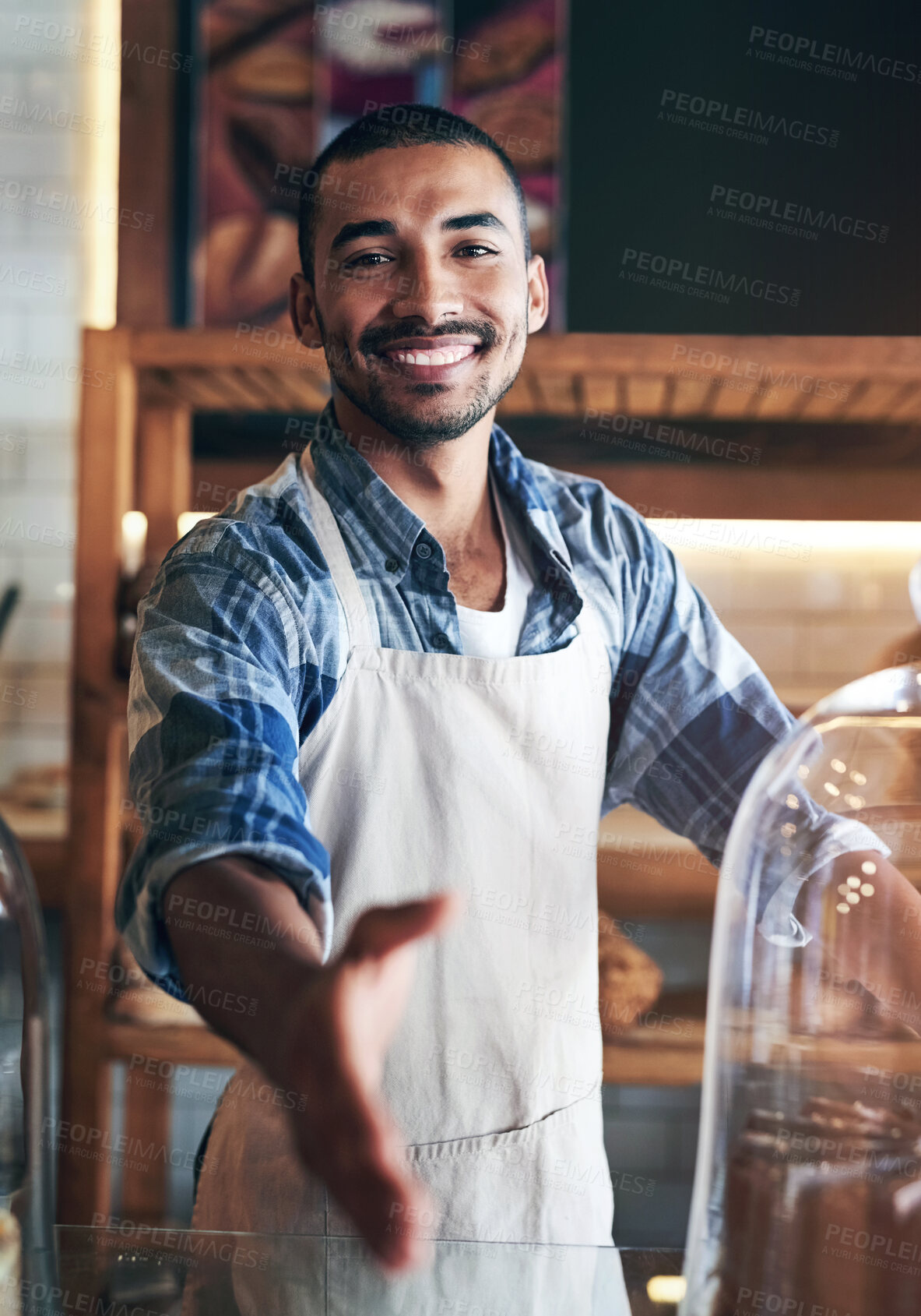 Buy stock photo Man, portrait and cafe for handshake offer, business owner and confident for customer service. Male person, welcome and thank you for hospitality in meeting, coffee shop and proud of recruitment