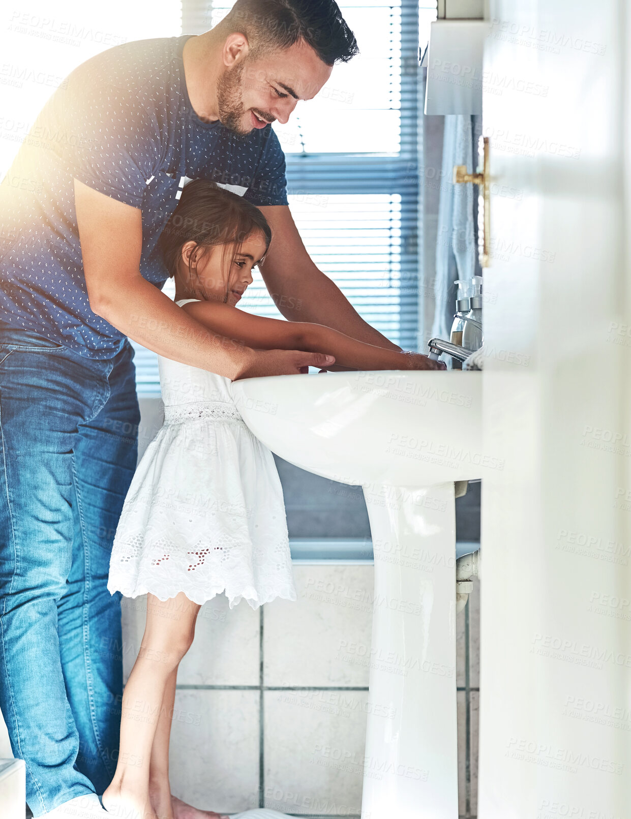Buy stock photo Father, girl and washing hands in bathroom for skincare, bacteria and learning to remove germs or dirt. Daddy, daughter and water for cleaning in home, teaching and disinfection for child development
