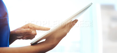 Buy stock photo Healthcare, nurse and hands with tablet in clinic for medical research, telehealth and digital consultation. Doctor, professional and closeup of tech for patient data, medicare schedule and mock up