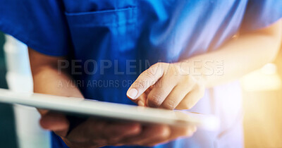 Buy stock photo Woman, nurse and hands with tablet in hospital for medical research, telehealth and digital consultation. Doctor, professional and closeup of tech app for patient data, medicare schedule and results