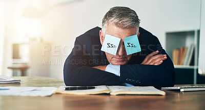 Buy stock photo Sleeping, sticky notes and eyes of business man with tired, burnout and fatigue of a mature professional in office. Paper, mental health and entrepreneur with nap and corporate break at a company