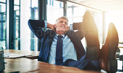 Buy stock photo Smile, relax and businessman with feet on desk, thinking and inspiration for attorney at law firm. Rest, stretching and mature lawyer, advocate or manager in office with peace, calm and happy mindset