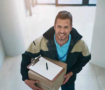 Buy stock photo Delivery, documents and portrait of man with box for shipping, online shopping and order. Ecommerce,  distribution service and worker with paperwork for signature for package, parcel and product