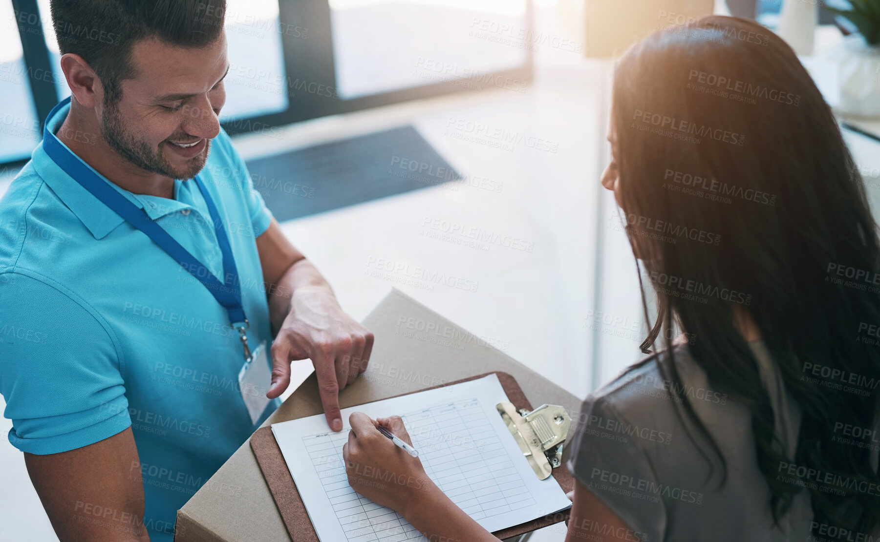 Buy stock photo Woman, delivery man and sign paperwork for box with information, compliance and thanks for project. Courier, documents and checklist with cardboard package for logistics, e commerce and shipping