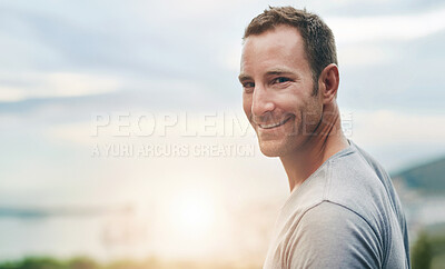 Buy stock photo Smile, mockup and portrait of man in nature for hiking, fitness or cardio in the morning. Happy, space and an athlete or male runner training, doing exercise and watching the sunrise in the sky