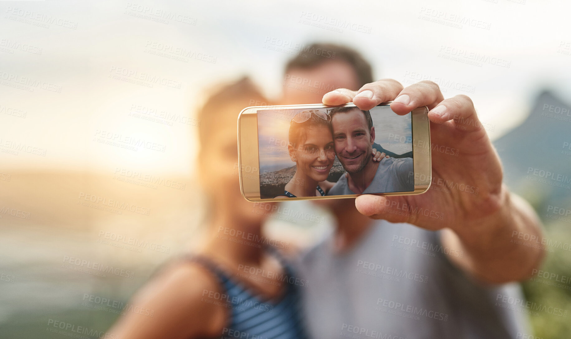 Buy stock photo Hands, phone or couple taking selfie in nature for social media or online post for outdoor vacation. Travel, freedom or happy woman taking photograph or pictures with love on a fun holiday adventure