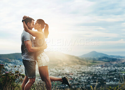 Buy stock photo Fitness, space and a couple hugging in the mountains while outdoor for a cardio workout together. Flare, love or exercise with a sports man and woman in nature to run while training for a marathon