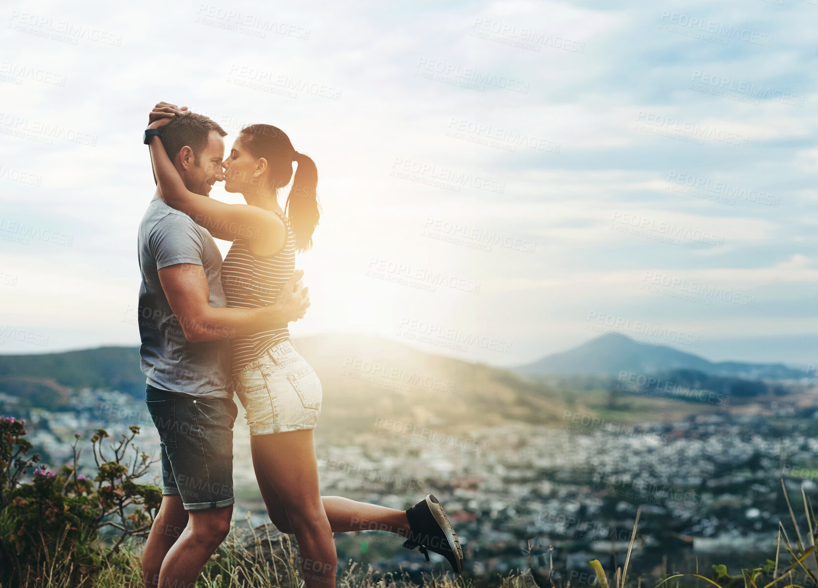 Buy stock photo Fitness, space and a couple hugging in the mountains while outdoor for a cardio workout together. Flare, love or exercise with a sports man and woman in nature to run while training for a marathon