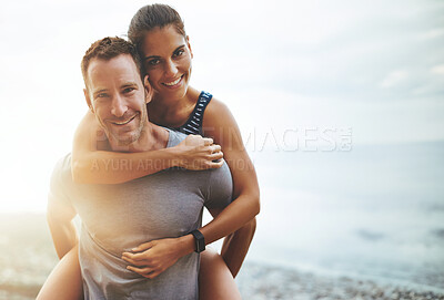 Buy stock photo Portrait, piggy back and couple with vacation, outdoor and lens flare with happiness, holiday and bonding. Face, man carrying woman and adventure with beach, hug and outside with wellness and freedom