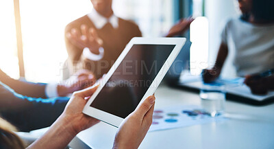Buy stock photo Meeting, tablet and hands of business people in office for planning, online networking and internet. Mockup space, corporate teamwork and person on digital tech for research, website and report