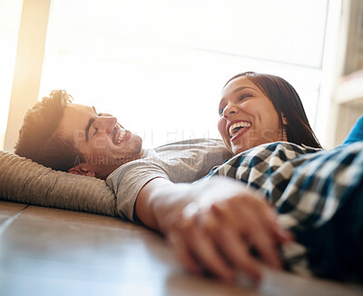 Buy stock photo Couple, rest and excited on floor in new house with smile, tired and moving with chat for bonding. Man, woman and happy for real estate, property or investment with fresh start for mortgage in home