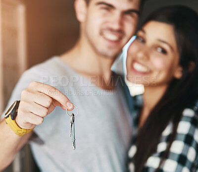 Buy stock photo New home, hands and couple with keys for property, moving day and house investment. Homeowner, marriage and happy man and woman with portrait for mortgage, real estate purchase and rental apartment