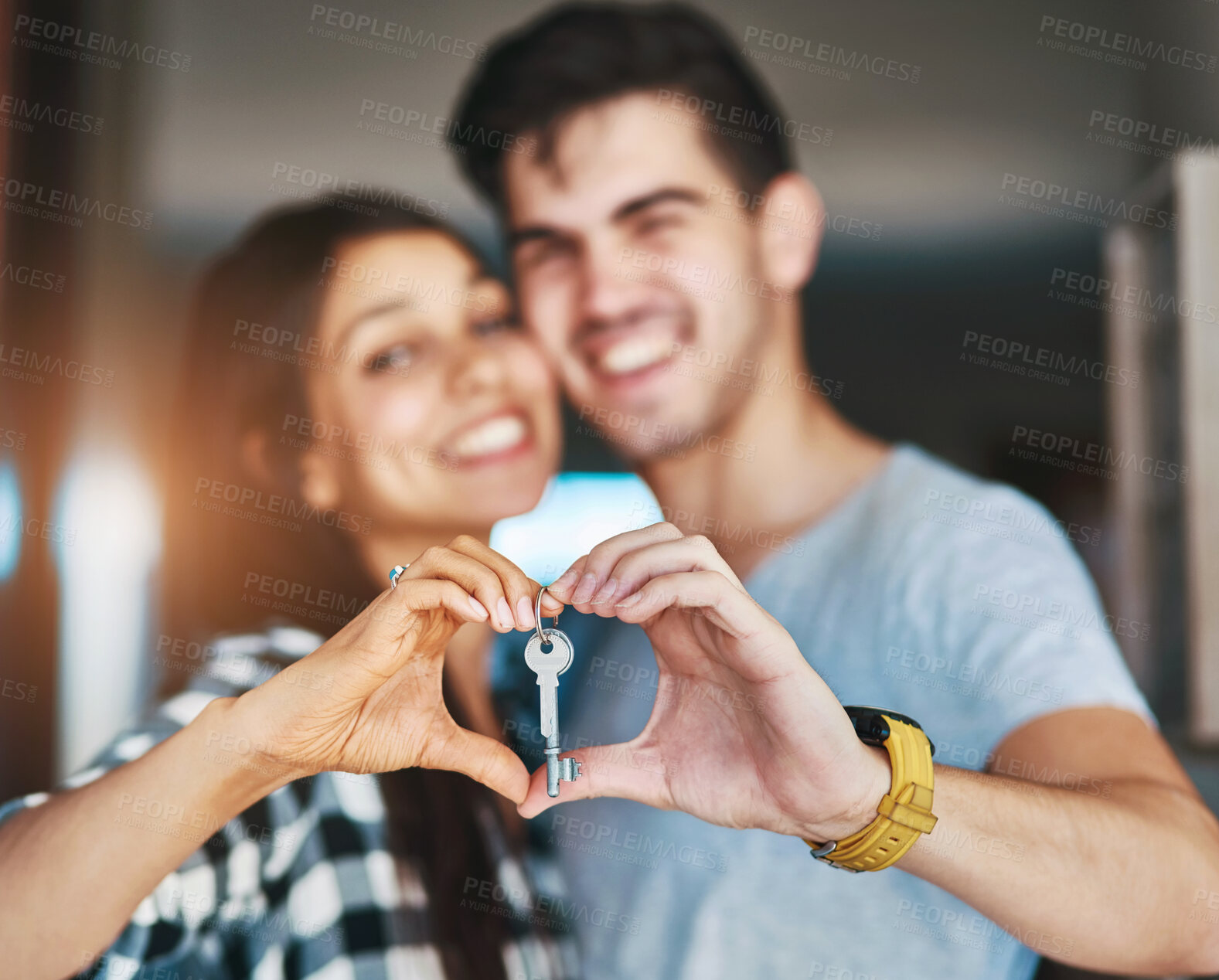 Buy stock photo New home, heart hands and couple with keys for property, moving day and house investment. Homeowner, real estate and happy man and woman with portrait for mortgage, purchase and rental in apartment