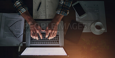 Buy stock photo Businessman, programmer and typing on laptop in office with paperwork for data analytics, coding and software script. Top view, tech expert and employee hands with programming, it developer and notes