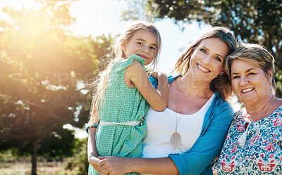 Buy stock photo Portrait, grandmother and mama with girl, outdoor and happiness with hug, sunshine and bonding together. Face, family in park or parent with daughter, summer and relax with vacation, love or cheerful