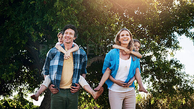 Buy stock photo Family, happy and piggyback in park with love for bonding, weekend fun and games in nature with sunshine. Parents, kids and carry on back for summer activity, outdoor scenery or smile on morning walk