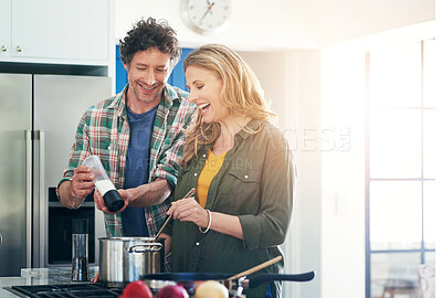 Buy stock photo Mature, couple and helping or cooking in kitchen with spices, meal prep and dinner in home with support. People, happy and bonding in apartment with healthy recipe or food for nutrition and flavor
