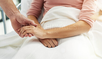 Buy stock photo Holding hands, doctor and patient with healthcare, hospital and comfort with grief, loss and sympathy. Closeup, person and medical with professional, blanket and empathy with compassion and support