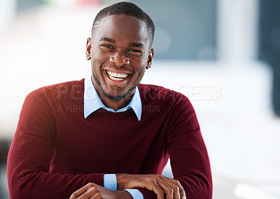 Buy stock photo Businessman, happy and creative in office portrait, smile and designer career with African or black man. Leadership, company development and startup or entrepreneur, workplace growth and professional