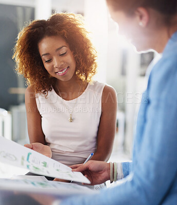 Buy stock photo Colleagues, paperwork and woman with graphs for planning, strategy and discussion in office. Financial, teamwork or investment advisor with document, professional and female person with budget review